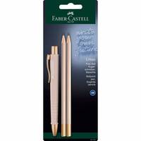 Faber-Castell-Verpackung mit einem rosa mechanischen Bleistift und zwei Holzbleistiften auf einer schwarz-grünen Schachtel.