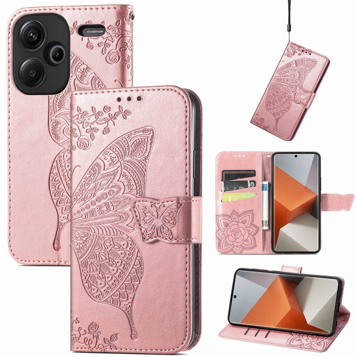 Für Xiaomi Redmi Note 13 Pro Plus Kunstleder Wallet Handy Tasche Schmetterling Design Schutz Hülle Rosa