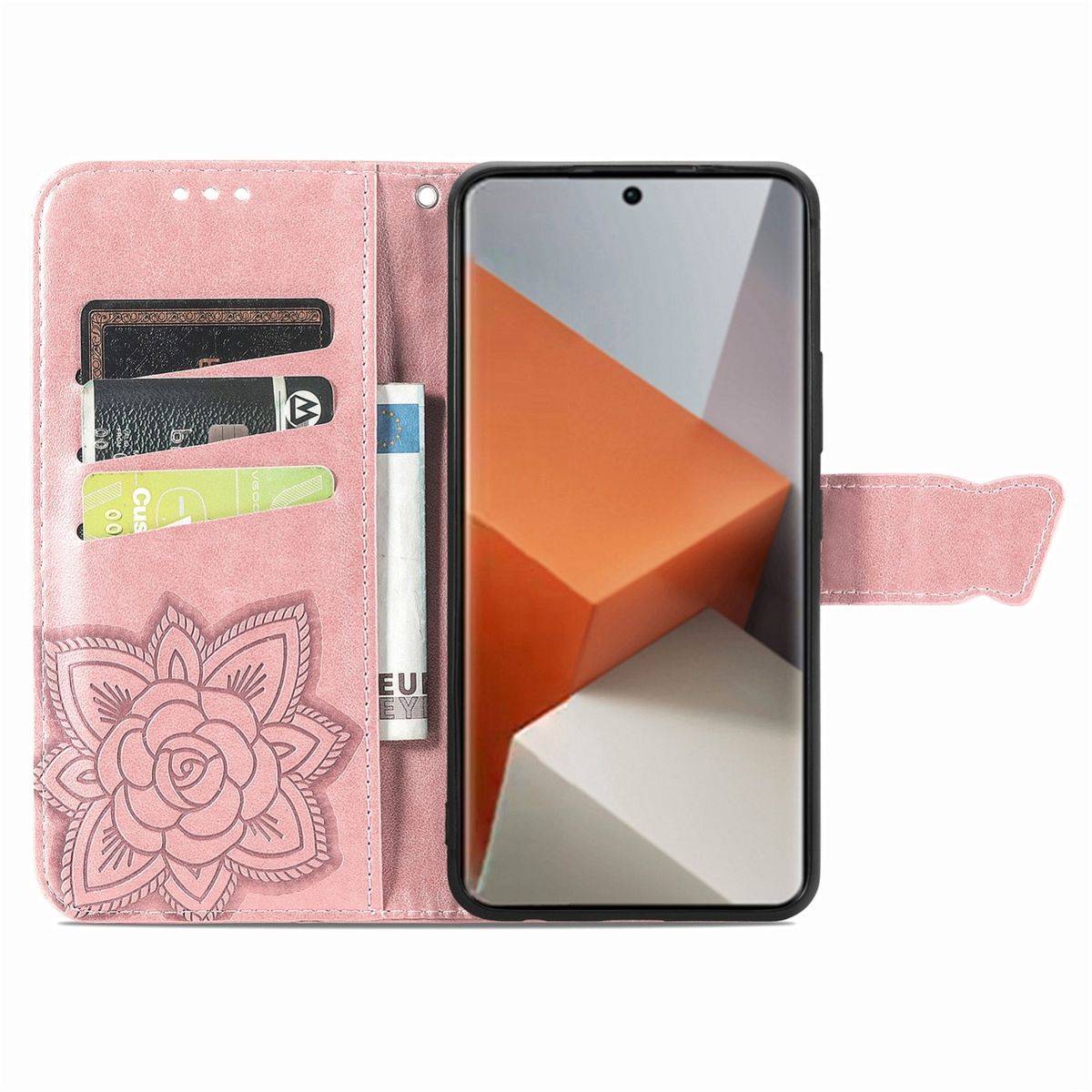 Für Xiaomi Redmi Note 13 Pro Plus Kunstleder Wallet Handy Tasche Schmetterling Design Schutz Hülle Rosa