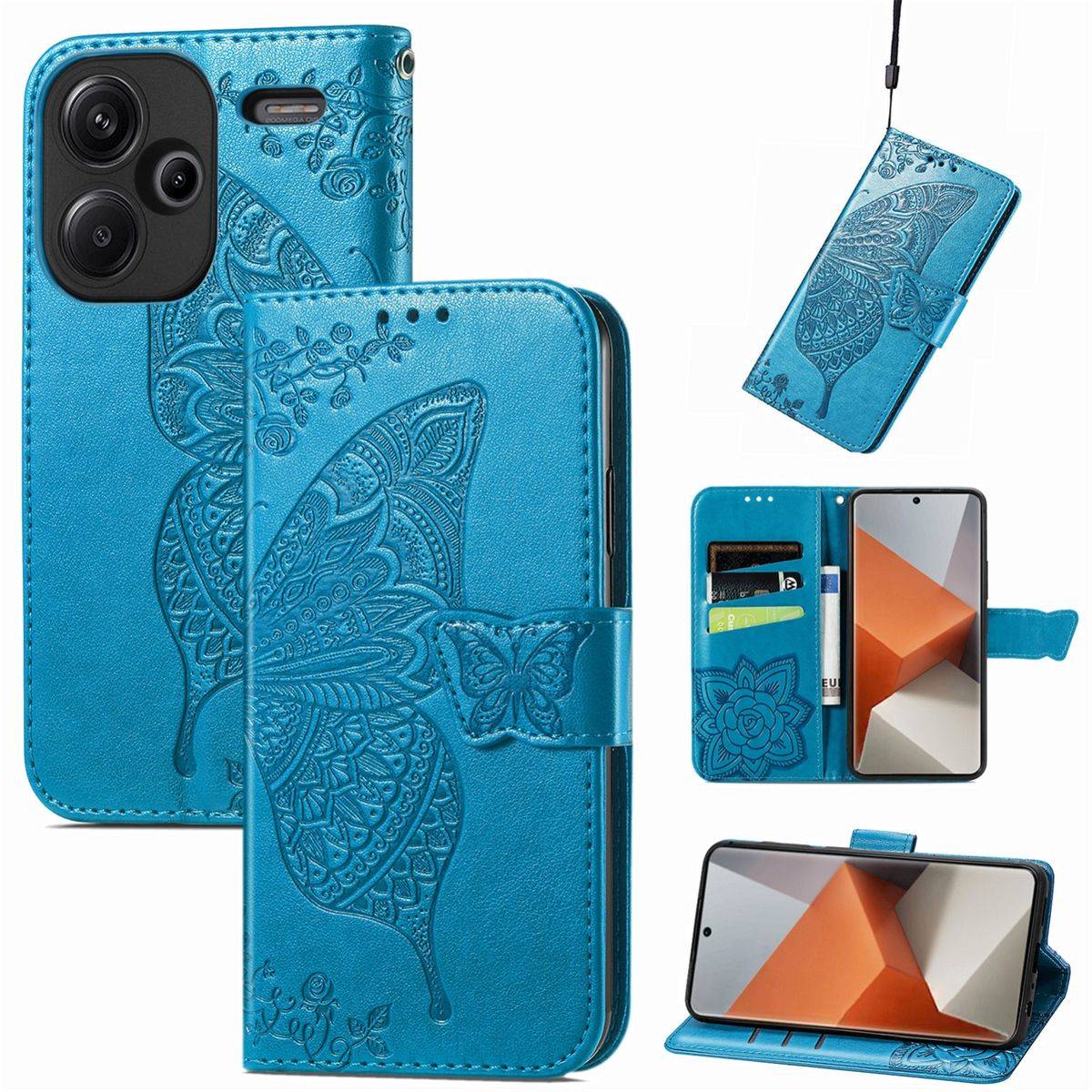 Für Xiaomi Redmi Note 13 Pro Plus Kunstleder Wallet Handy Tasche Schmetterling Design Schutz Hülle Blau