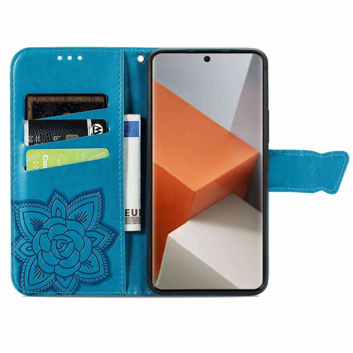 Für Xiaomi Redmi Note 13 Pro Plus Kunstleder Wallet Handy Tasche Schmetterling Design Schutz Hülle Blau