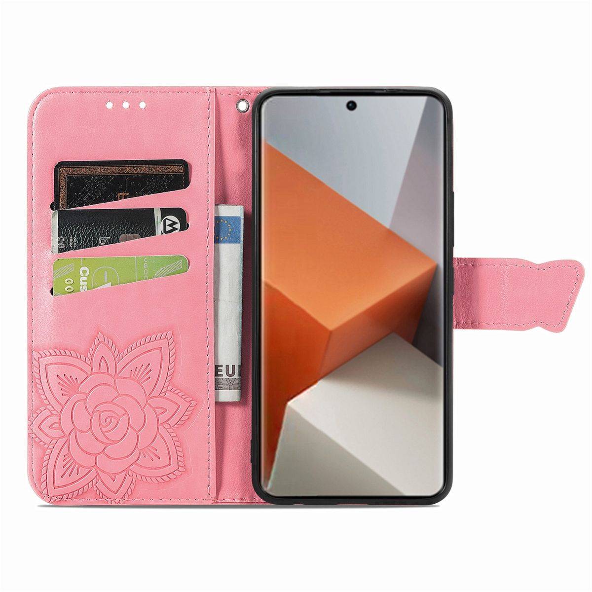 Für Xiaomi Redmi Note 13 Pro Plus Kunstleder Wallet Handy Tasche Schmetterling Design Schutz Hülle Pink