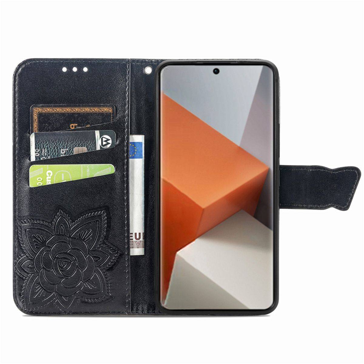 Für Xiaomi Redmi Note 13 Pro Plus Kunstleder Wallet Handy Tasche Schmetterling Design Schutz Hülle Schwarz