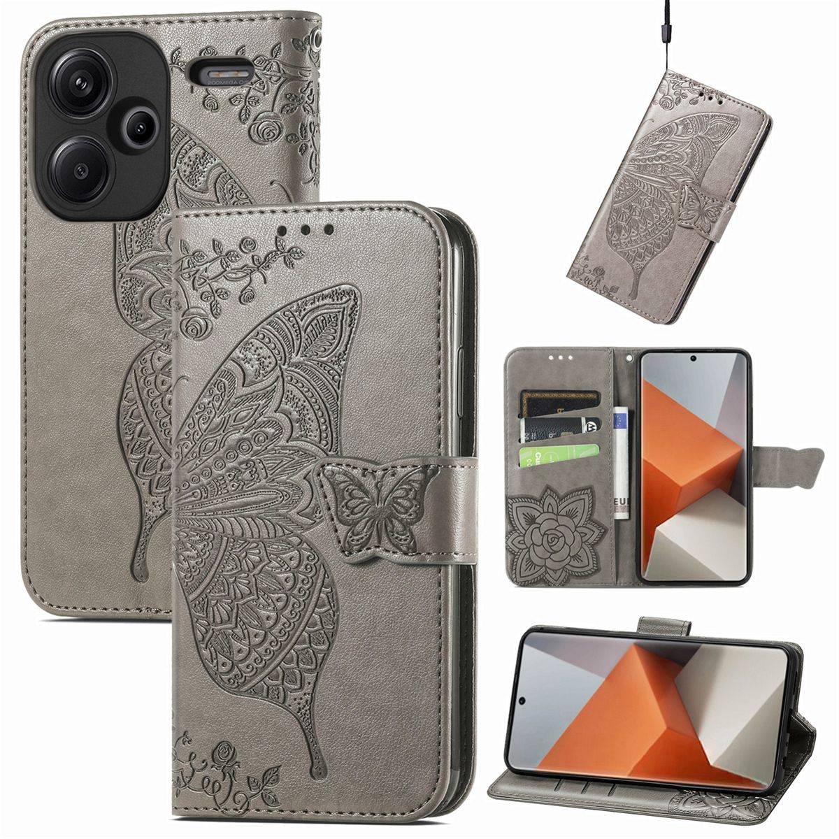 Für Xiaomi Redmi Note 13 Pro Plus Kunstleder Wallet Handy Tasche Schmetterling Design Schutz Hülle Grau