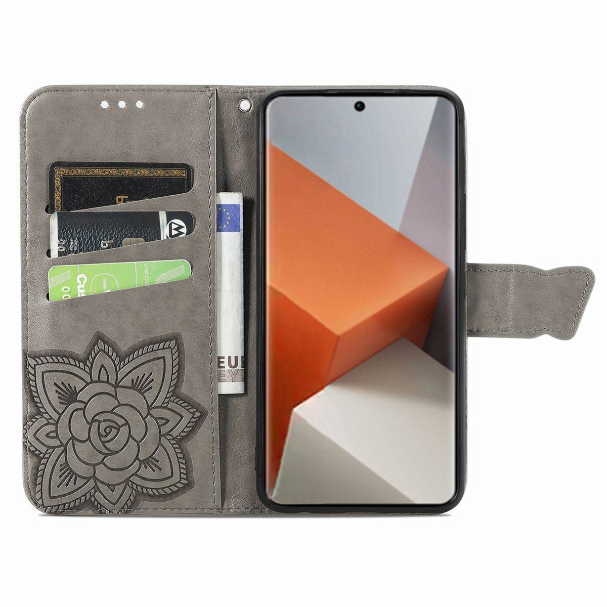 Für Xiaomi Redmi Note 13 Pro Plus Kunstleder Wallet Handy Tasche Schmetterling Design Schutz Hülle Grau