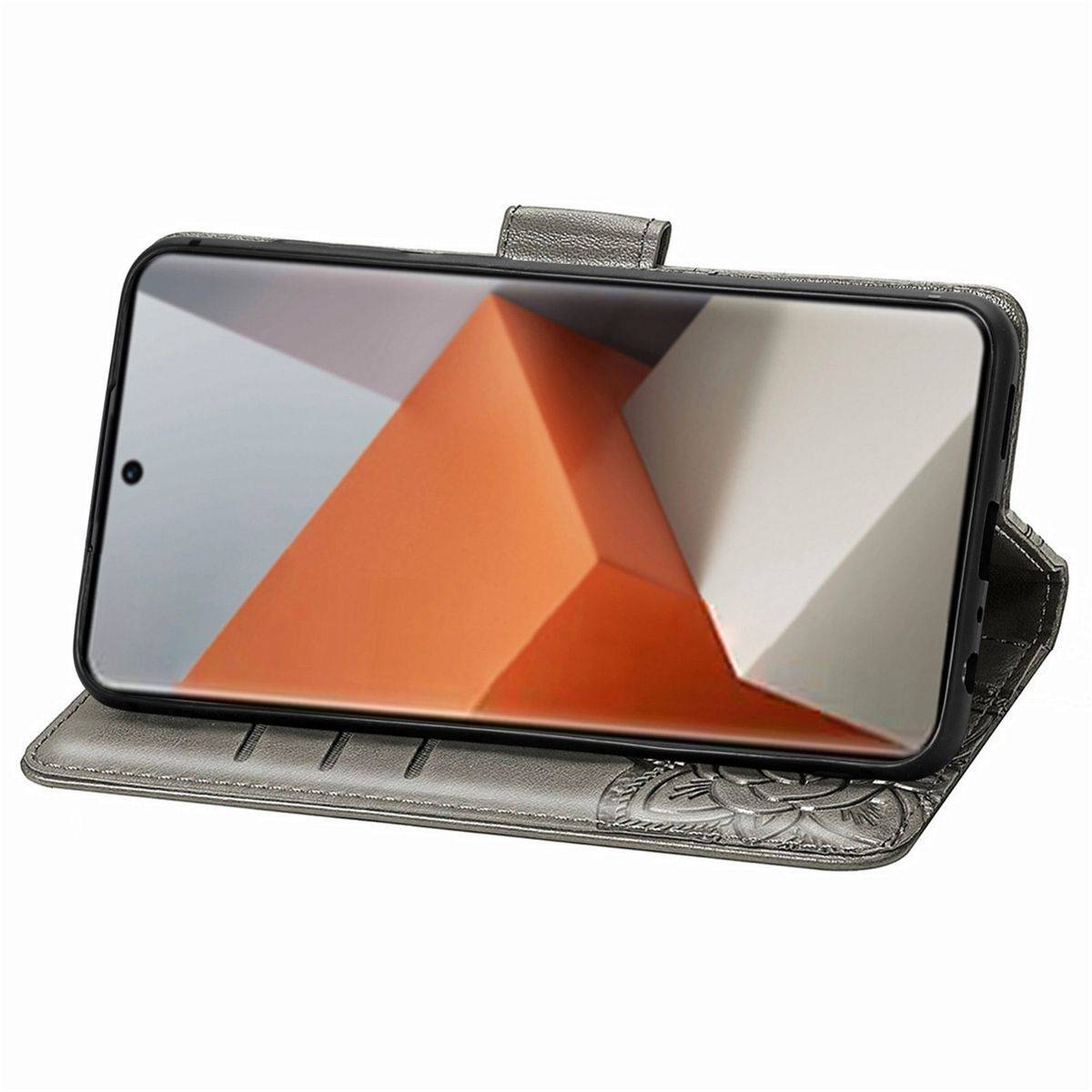 Für Xiaomi Redmi Note 13 Pro Plus Kunstleder Wallet Handy Tasche Schmetterling Design Schutz Hülle Grau