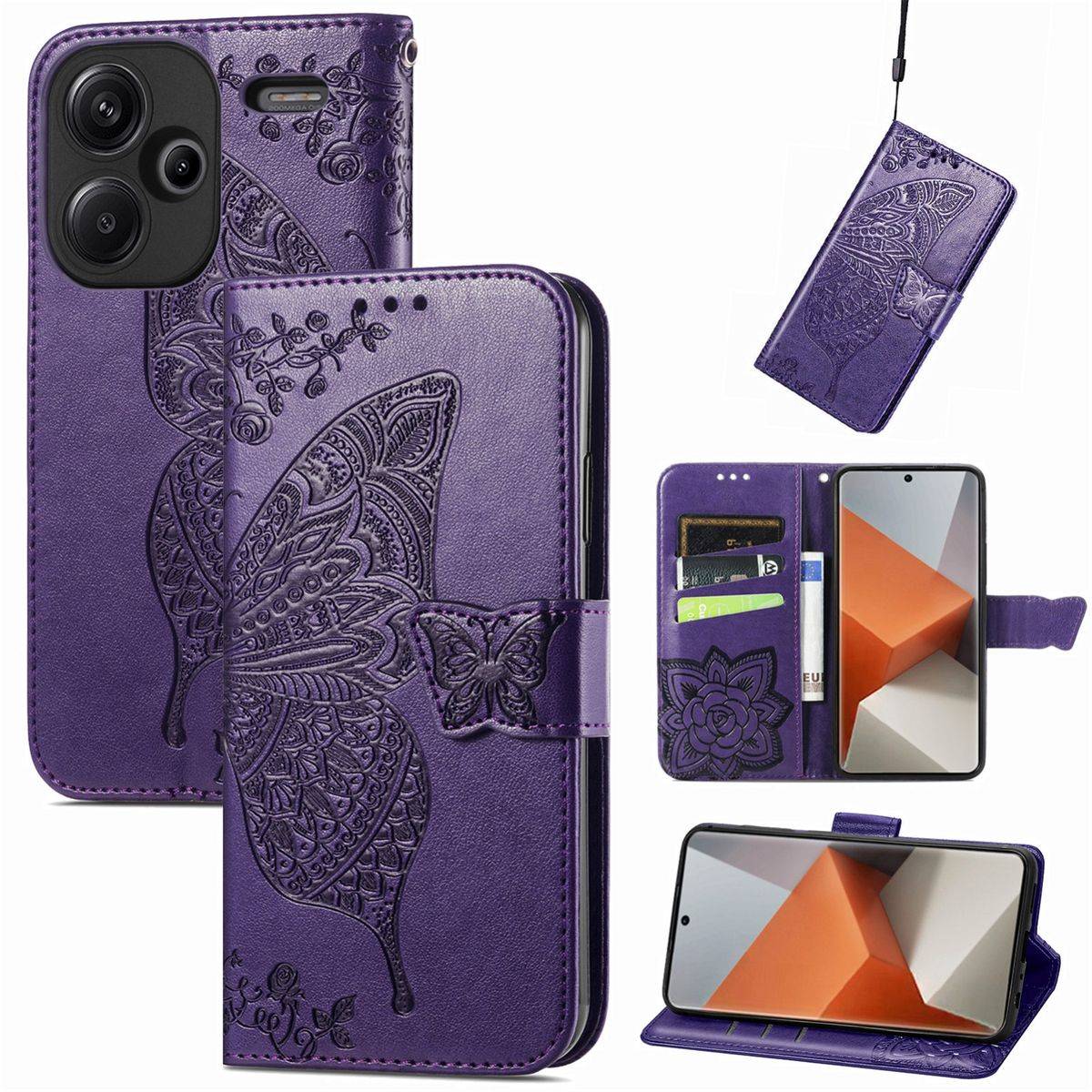 Für Xiaomi Redmi Note 13 Pro Plus Kunstleder Wallet Handy Tasche Schmetterling Design Schutz Hülle Lila