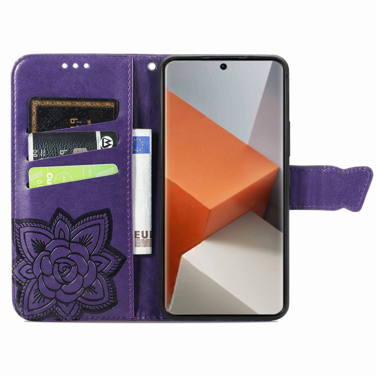 Für Xiaomi Redmi Note 13 Pro Plus Kunstleder Wallet Handy Tasche Schmetterling Design Schutz Hülle Lila