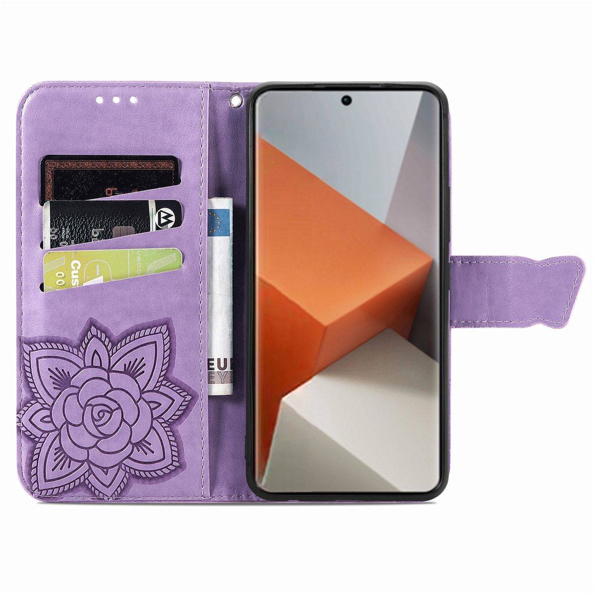 Für Xiaomi Redmi Note 13 Pro Plus Kunstleder Wallet Handy Tasche Schmetterling Design Schutz Hülle Hell-Lila