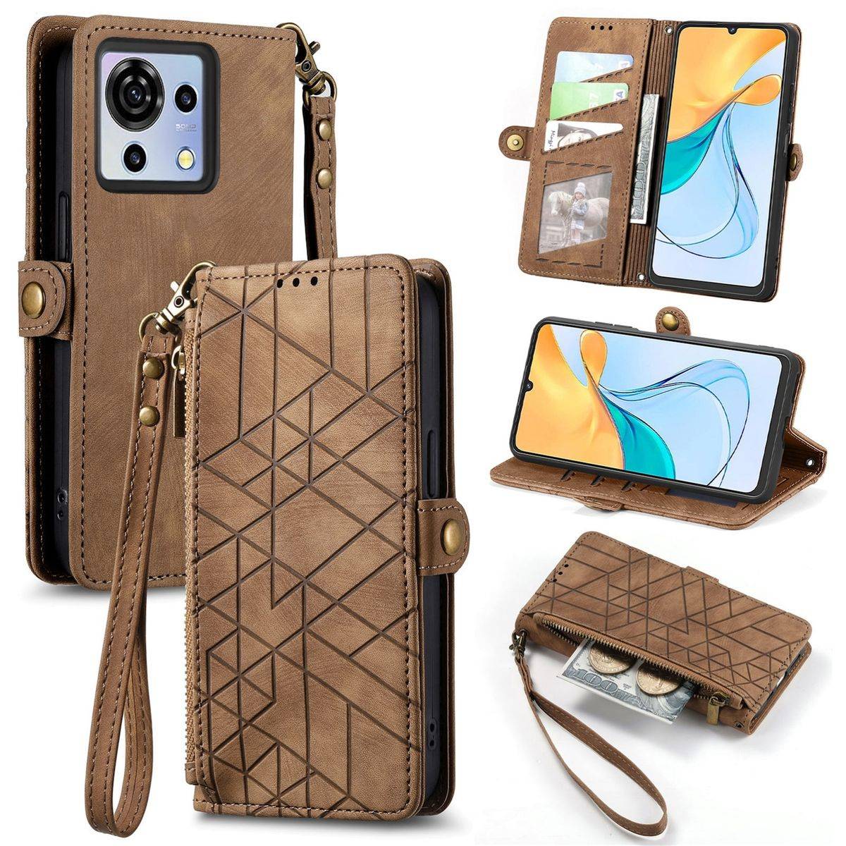 Für ZTE Blade V50 Vita Kunstleder Zipper Wallet Tasche mit Schlaufe Schutz Hülle Case Cover Braun