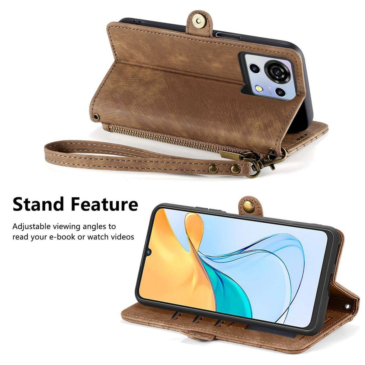 Für ZTE Blade V50 Vita Kunstleder Zipper Wallet Tasche mit Schlaufe Schutz Hülle Case Cover Braun