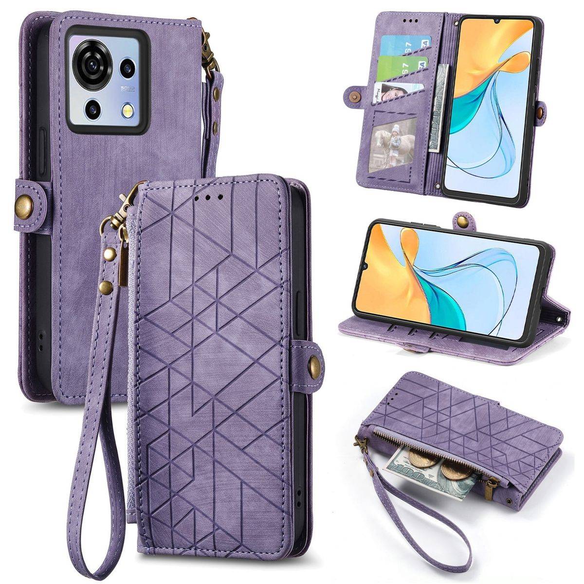 Für ZTE Blade V50 Vita Kunstleder Zipper Wallet Tasche mit Schlaufe Schutz Hülle Case Cover Lila