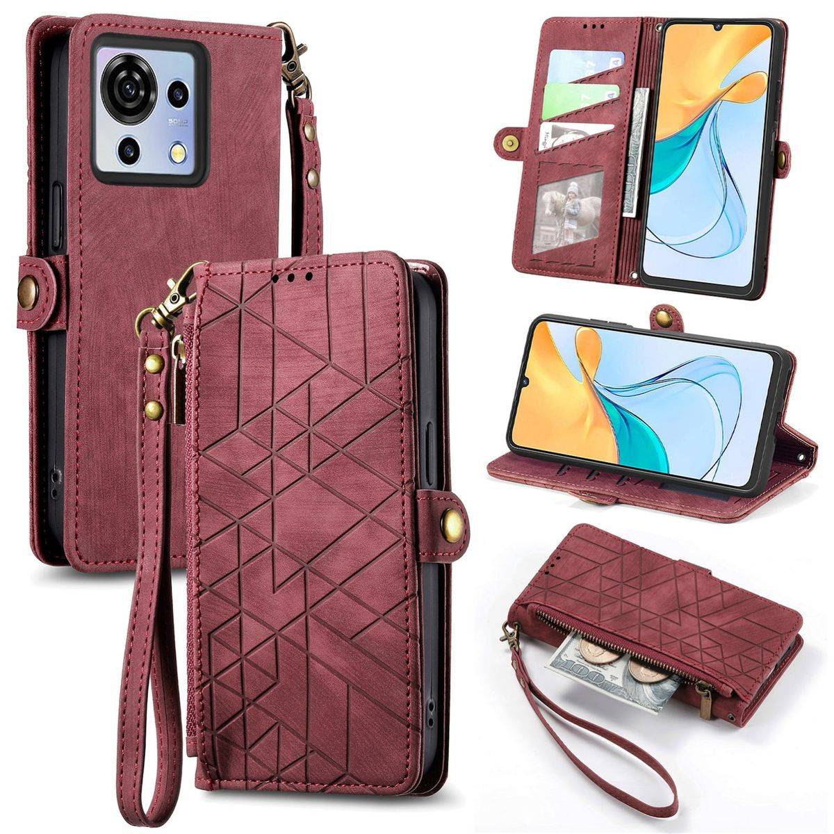 Für ZTE Blade V50 Vita Kunstleder Zipper Wallet Tasche mit Schlaufe Schutz Hülle Case Cover Rot