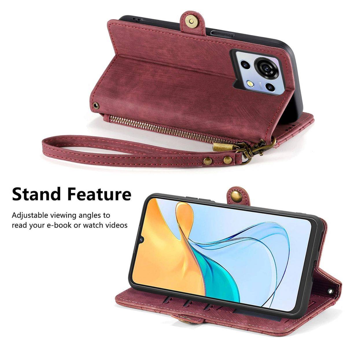 Für ZTE Blade V50 Vita Kunstleder Zipper Wallet Tasche mit Schlaufe Schutz Hülle Case Cover Rot