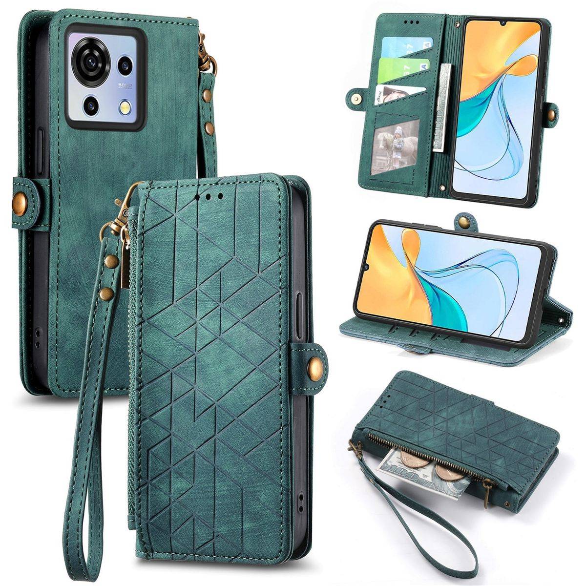 Für ZTE Blade V50 Vita Kunstleder Zipper Wallet Tasche mit Schlaufe Schutz Hülle Case Cover Grün