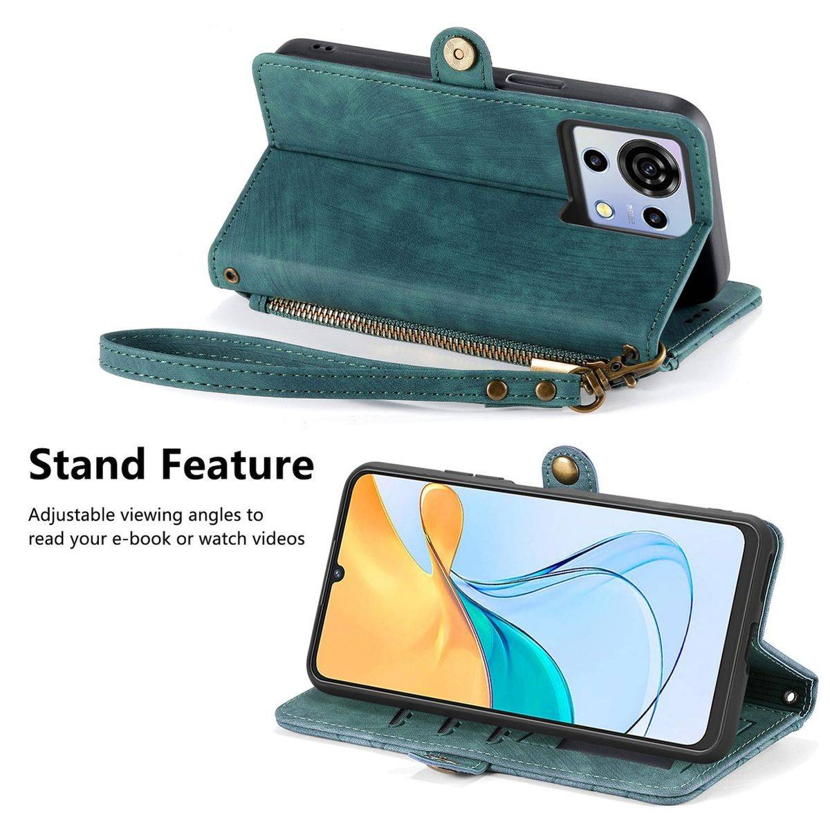 Für ZTE Blade V50 Vita Kunstleder Zipper Wallet Tasche mit Schlaufe Schutz Hülle Case Cover Grün