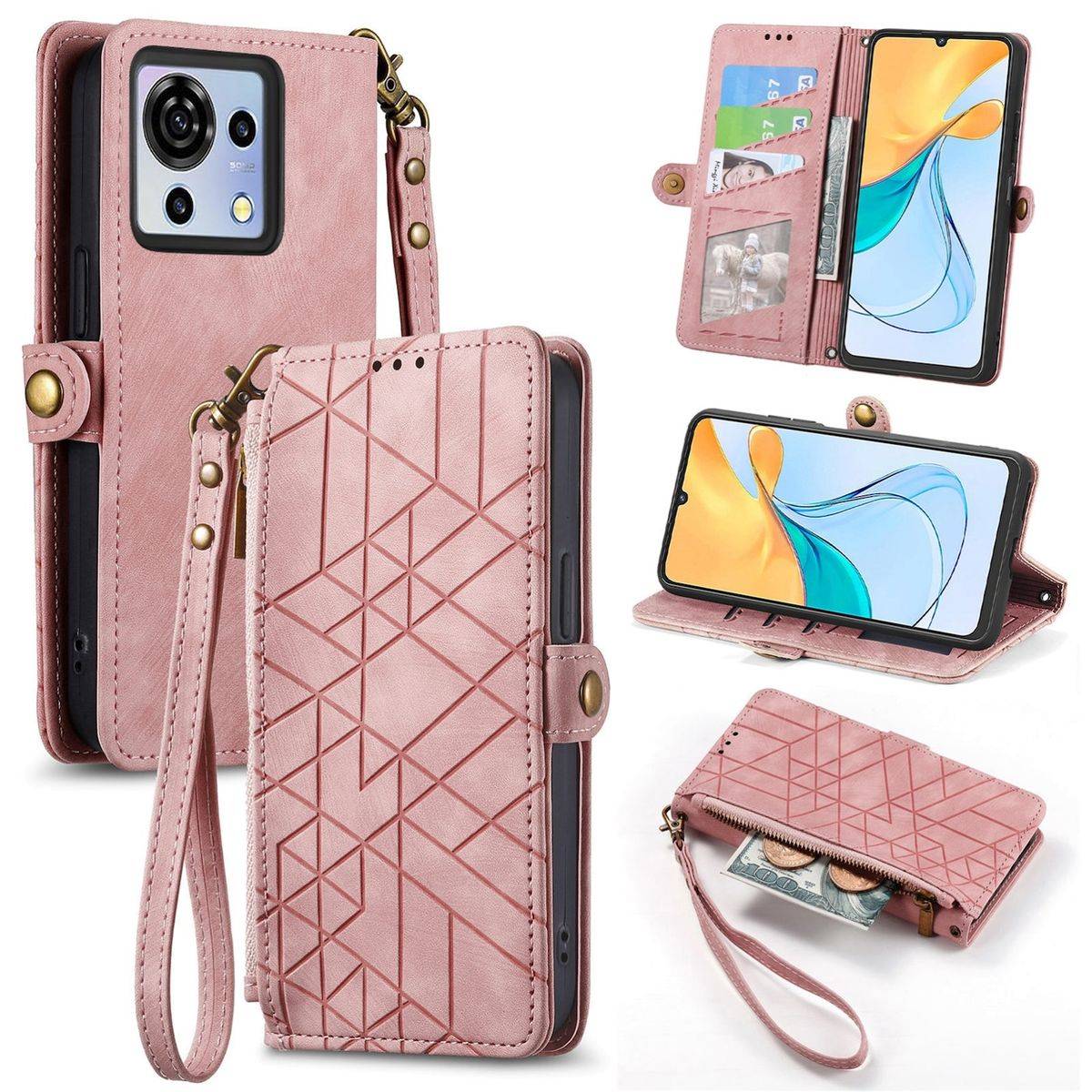 Für ZTE Blade V50 Vita Kunstleder Zipper Wallet Tasche mit Schlaufe Schutz Hülle Case Cover Rosa