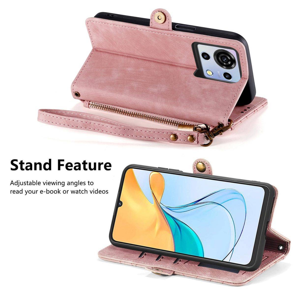 Für ZTE Blade V50 Vita Kunstleder Zipper Wallet Tasche mit Schlaufe Schutz Hülle Case Cover Rosa