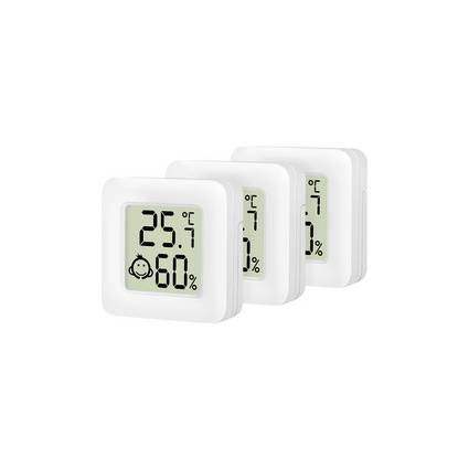 Übereinander gestapelte digitale Raumthermometer mit Temperatur- und Feuchtigkeitsanzeigen, wobei das vordere Display 25,7°C und 60% Luftfeuchtigkeit anzeigt.