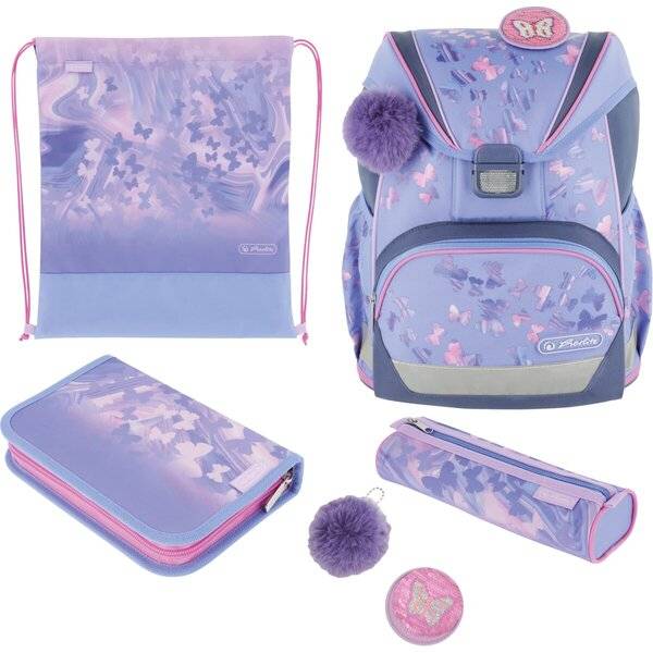 Violettes und rosafarbenes Schulranzen-Set mit Rucksack, Turnbeutel, Federmäppchen mit Reißverschluss, Rundetui und Pompon-Accessoire.