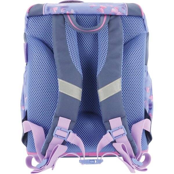 Violetter und blauer Kinderrucksack von hinten gezeigt, mit gepolsterten Netzriemen, Brustclip und Seitentaschen.
