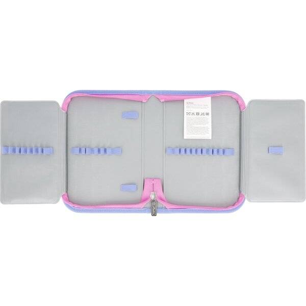 Offener grauer Kofferorganizer mit rosa Rand, ausgeklappt, um mehrere elastische Riemen und Netztaschen im Inneren zu zeigen.
