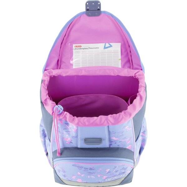 Offener rosa und blauer Kinderrucksack mit einer vorderen Klapptasche, innerer Stundenplankarte und gepolsterten Riemen, auf weißem Hintergrund dargestellt.