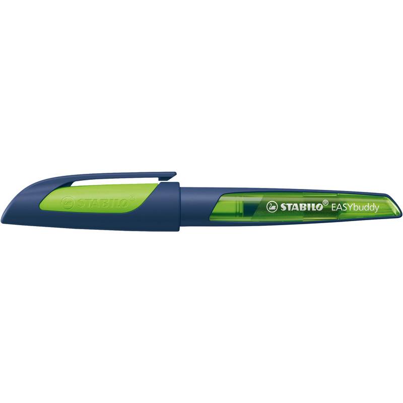 Eine navy- und lindgrüne Stabilo EASYbuddy Füllerfeder, die ohne Kappe gezeigt wird und dabei das ergonomische Design für komfortables Schreiben hervorhebt.