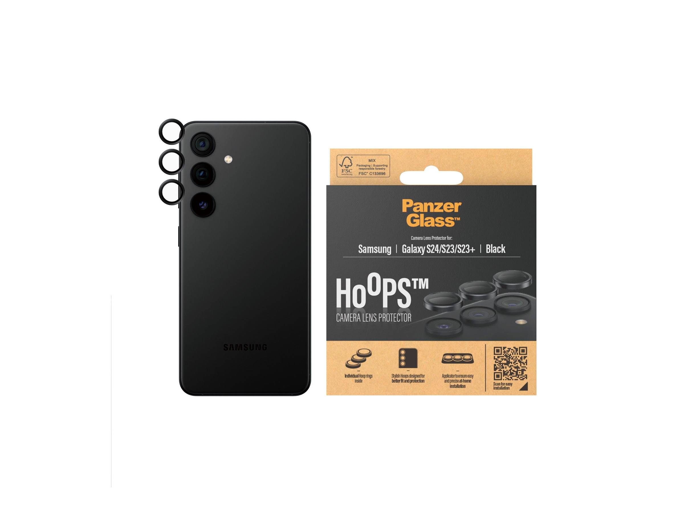 Ein schwarzes Samsung-Handy mit dreifacher Kamera liegt neben einer PanzerGlass Kameraobjektiv-Schutzfolie in einer Verpackung mit der Aufschrift 'HoOps' für Galaxy S24/S23/S23+.