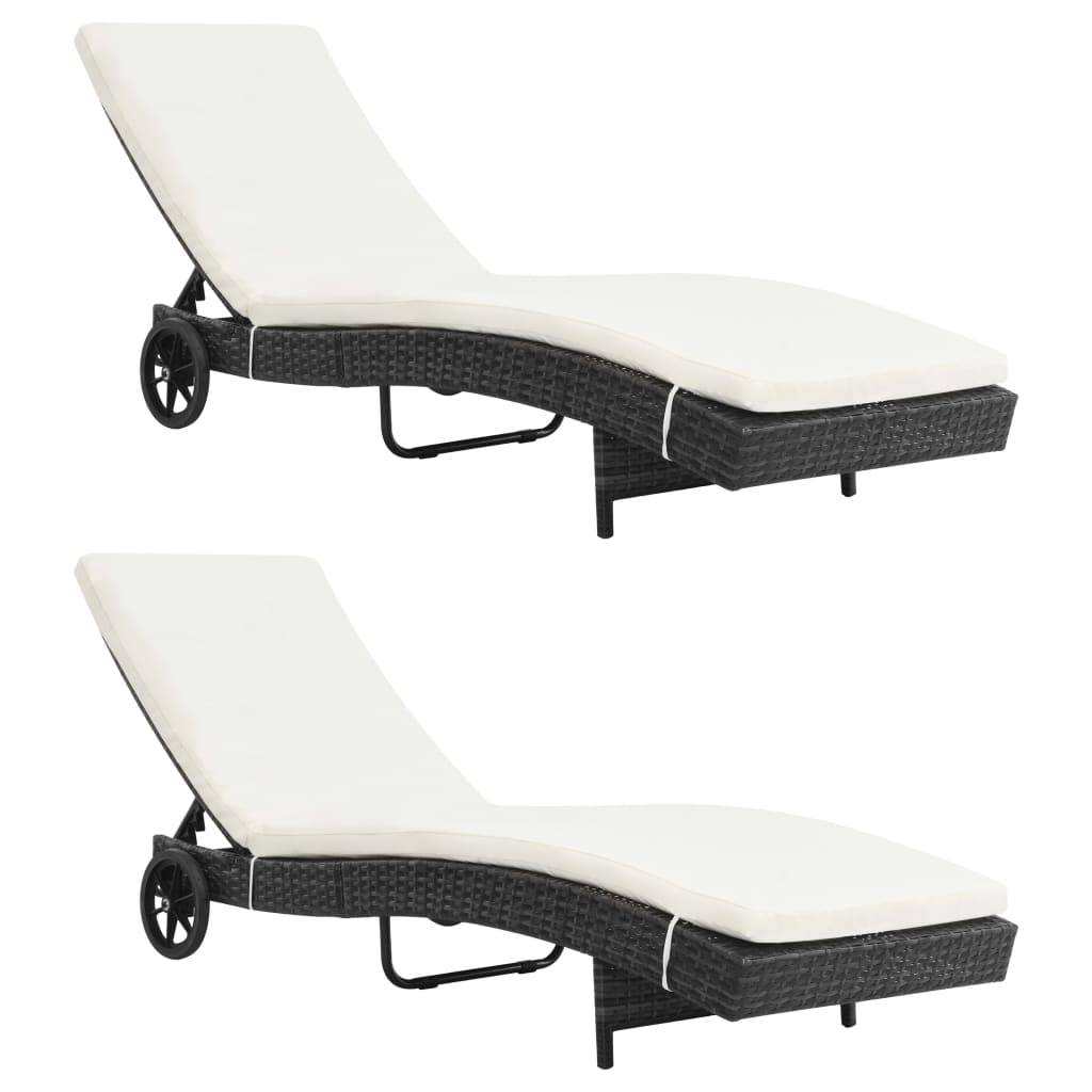 vidaXL Sonnenliegen 2 Stk. mit Rollen und Auflagen Poly Rattan Schwarz