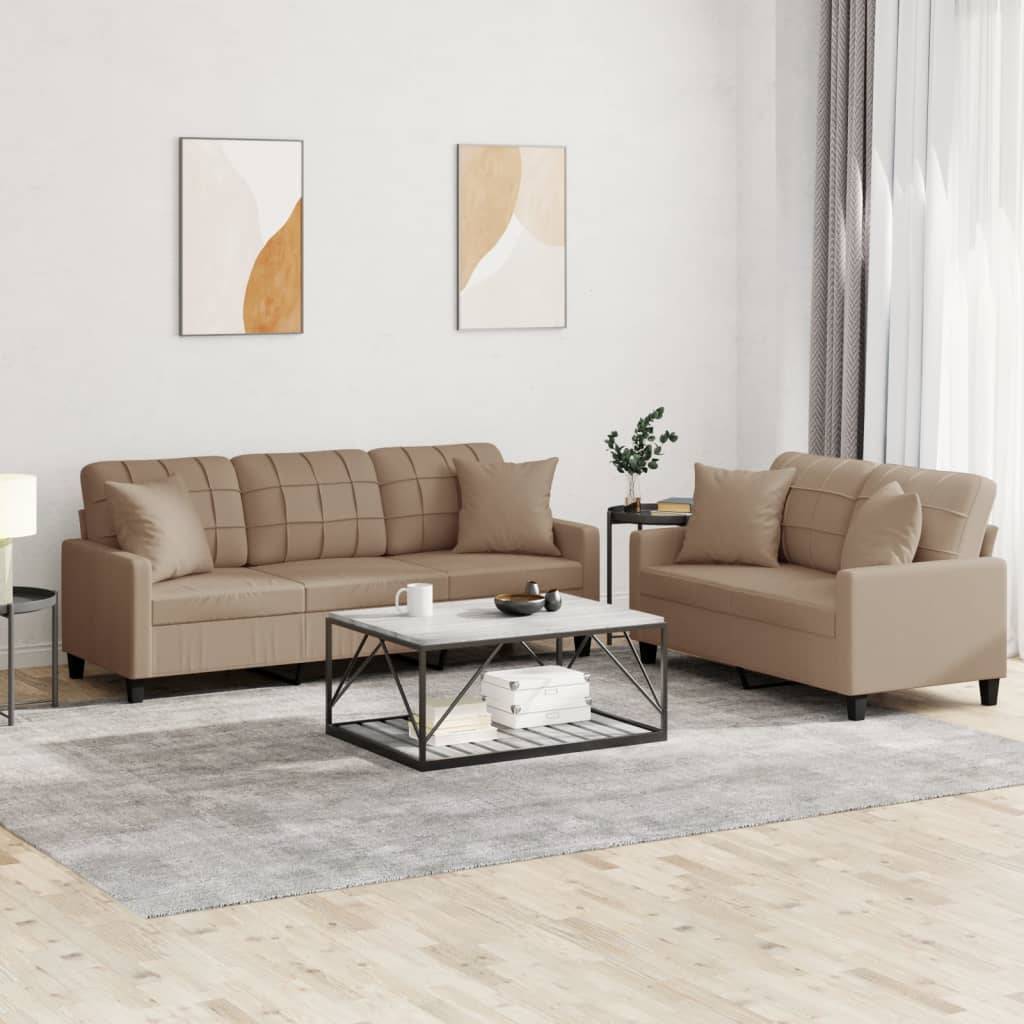 vidaXL 2-tlg. Sofagarnitur mit Kissen Cappuccino-Braun Kunstleder