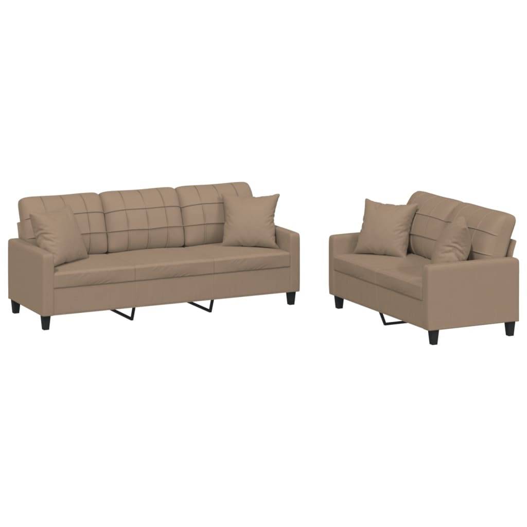 vidaXL 2-tlg. Sofagarnitur mit Kissen Cappuccino-Braun Kunstleder