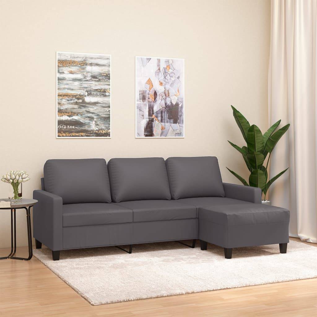 vidaXL 3-Sitzer-Sofa mit Hocker Grau 180 cm Kunstleder