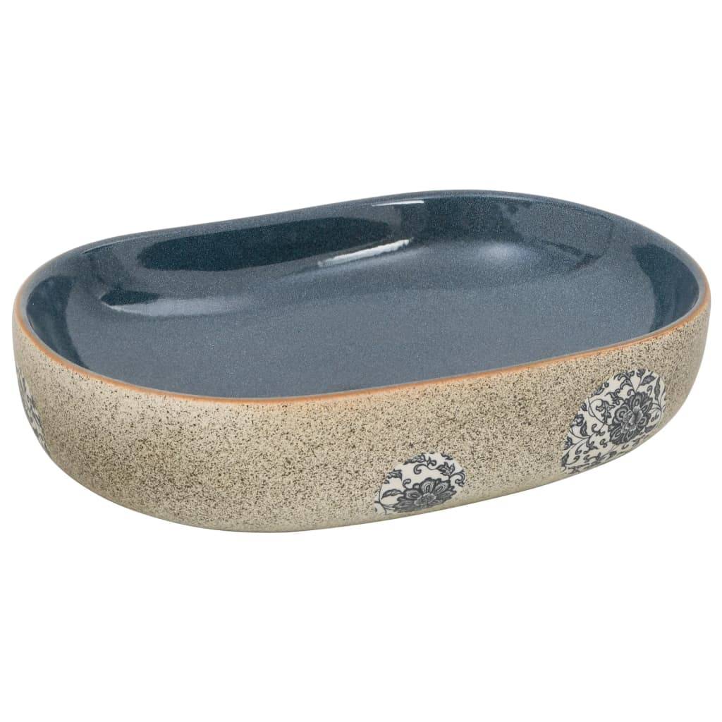 vidaXL Aufsatzwaschbecken Sandfarben Blau Oval 59x40x14 cm Keramik
