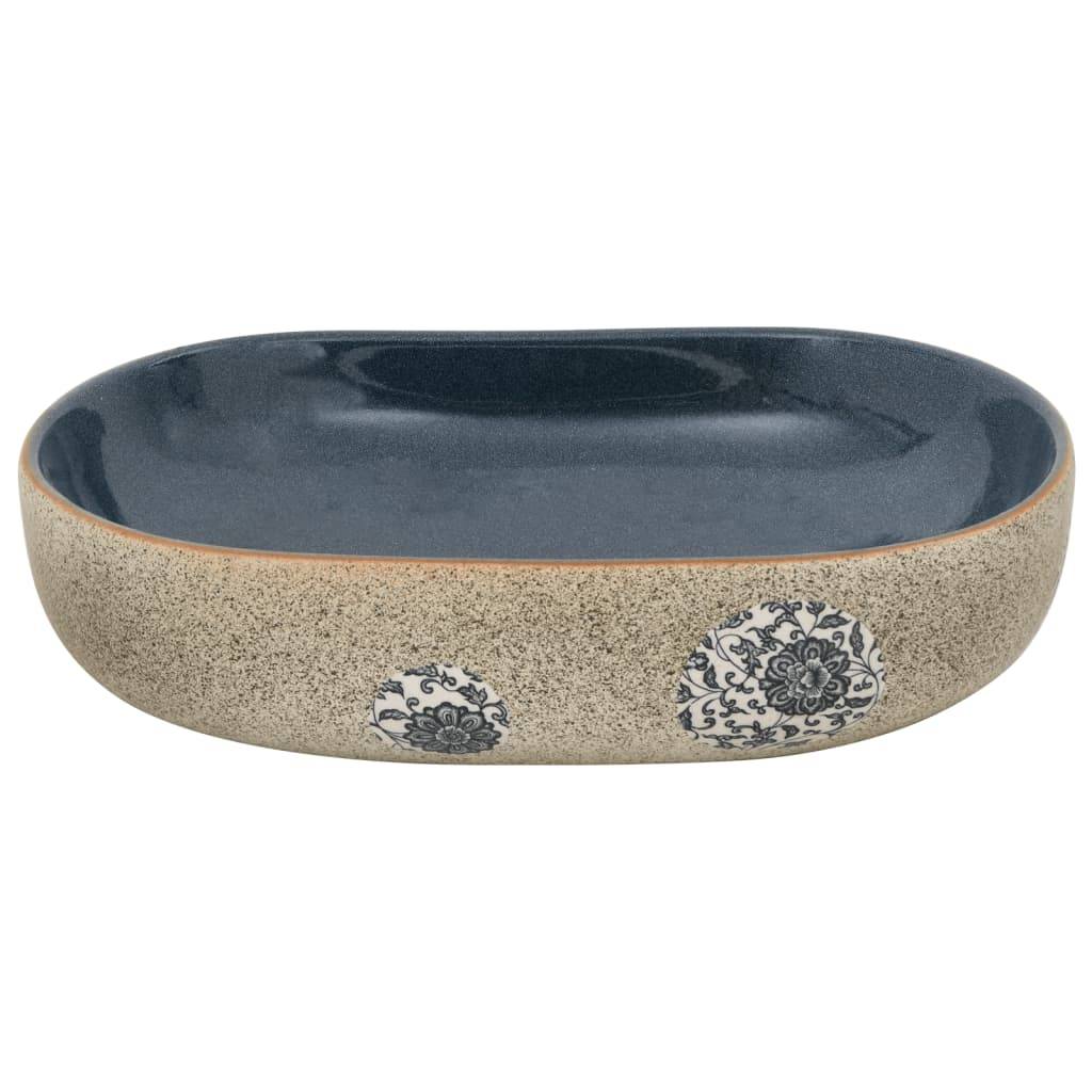 vidaXL Aufsatzwaschbecken Sandfarben Blau Oval 59x40x14 cm Keramik