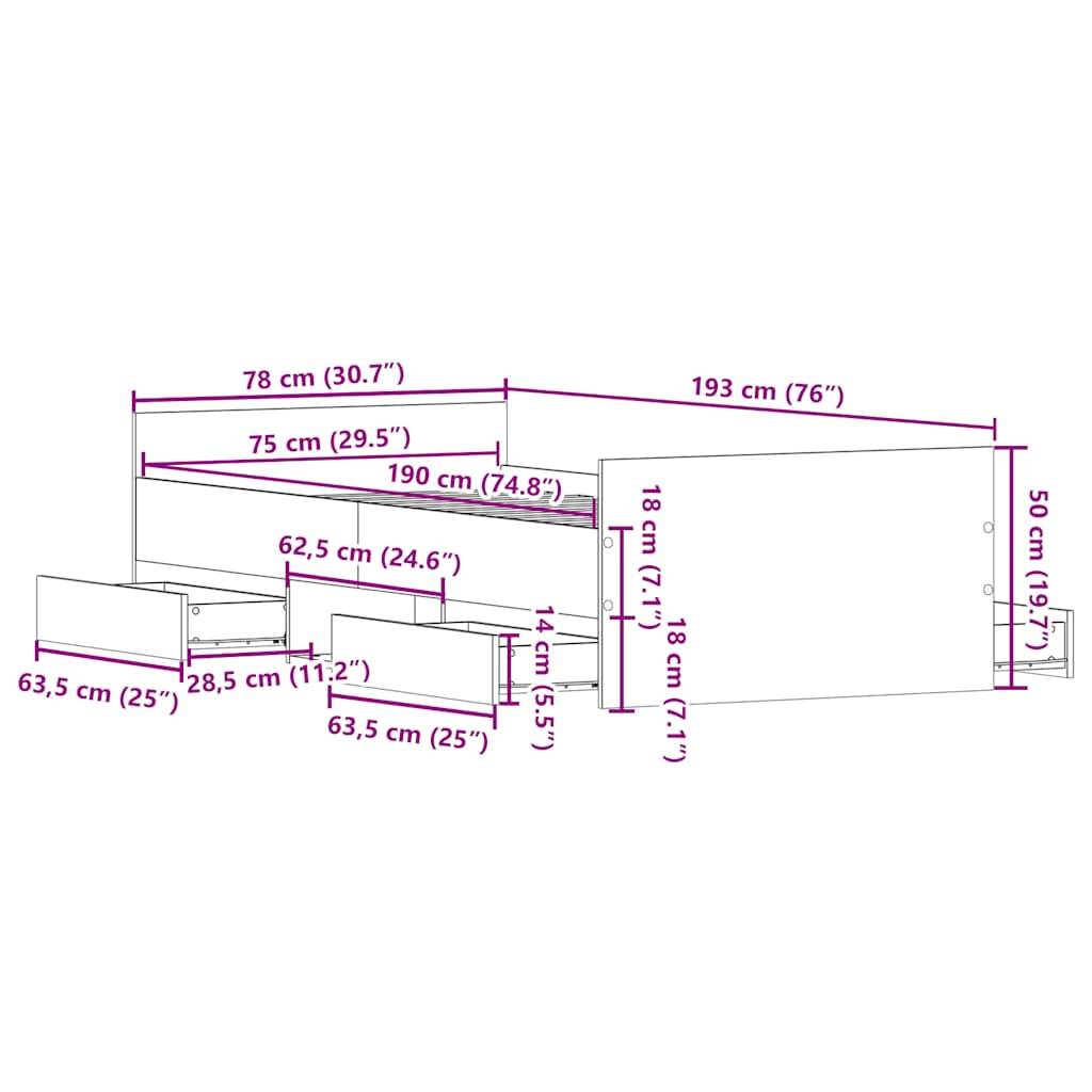 vidaXL Bettgestell mit Kopf- und Fußteil Räuchereiche 75x190 cm