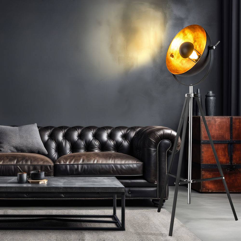 Stehlampe schwarz Wohnzimmerleuchte modern Stativleuchte gold, Retro Standlampe 4-Bein Höhenverstellbar, Metall matt, 1x E27 Fassung, DxH 78x180 cm