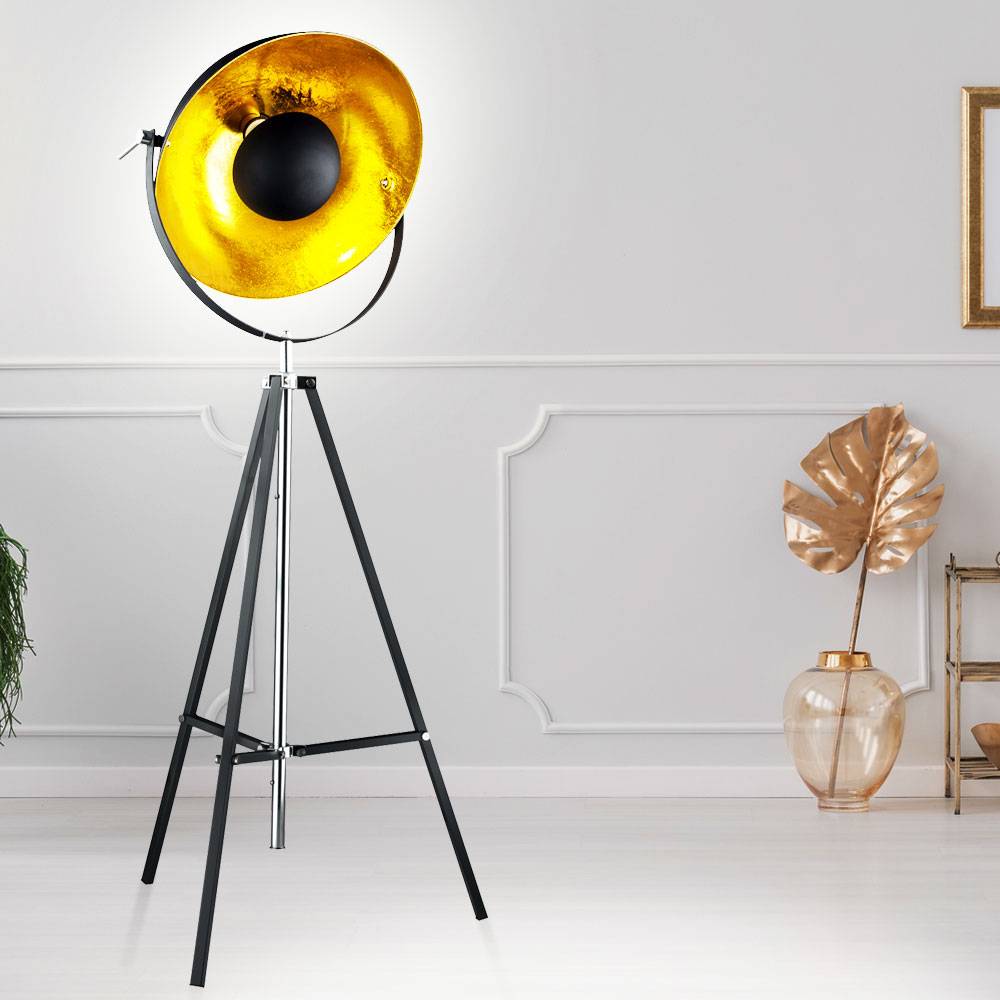 Stehlampe schwarz Wohnzimmerleuchte modern Stativleuchte gold, Retro Standlampe 4-Bein Höhenverstellbar, Metall matt, 1x E27 Fassung, DxH 78x180 cm