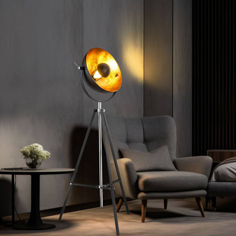 Stehlampe schwarz Wohnzimmerleuchte modern Stativleuchte gold, Retro Standlampe 4-Bein Höhenverstellbar, Metall matt, 1x E27 Fassung, DxH 78x180 cm