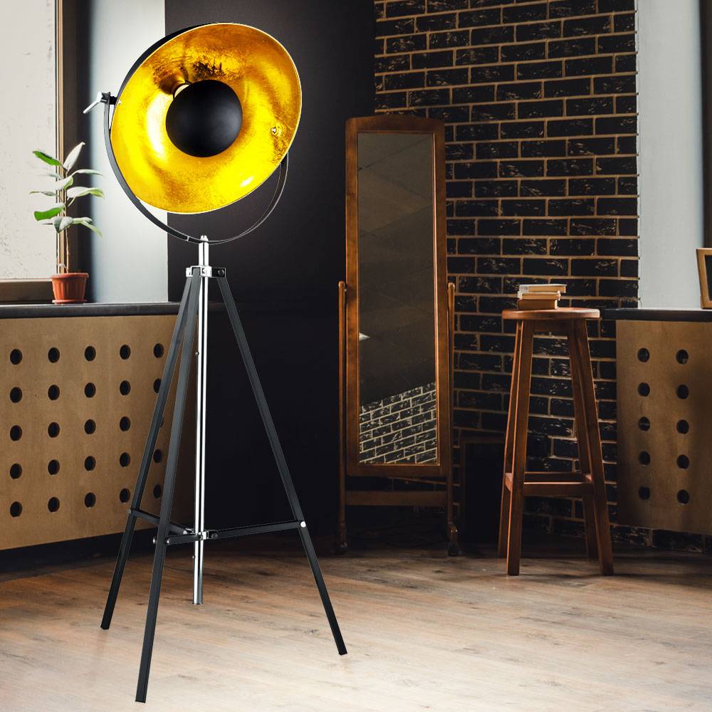 Stehlampe schwarz Wohnzimmerleuchte modern Stativleuchte gold, Retro Standlampe 4-Bein Höhenverstellbar, Metall matt, 1x E27 Fassung, DxH 78x180 cm