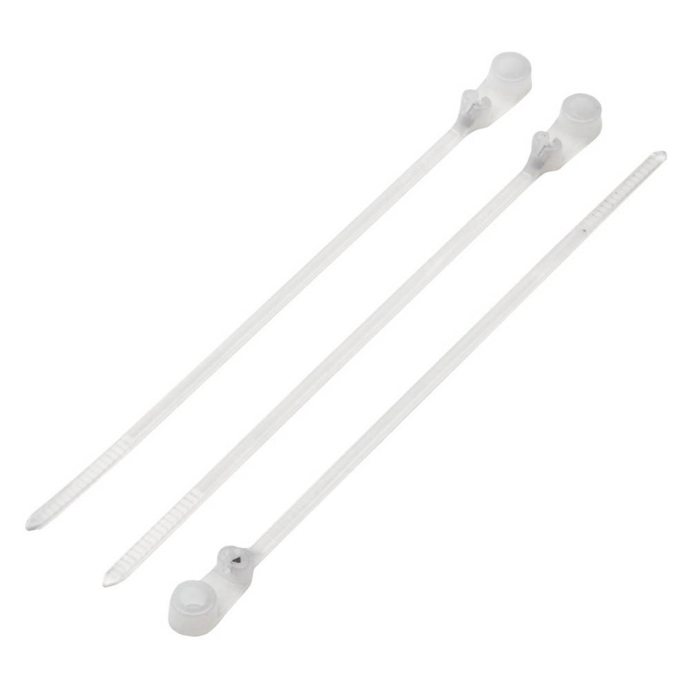 Drei weiße Kabelbinder mit Verriegelungsmechanismen, verwendet zum Bündeln von Drähten oder zum Sichern von Objekten.