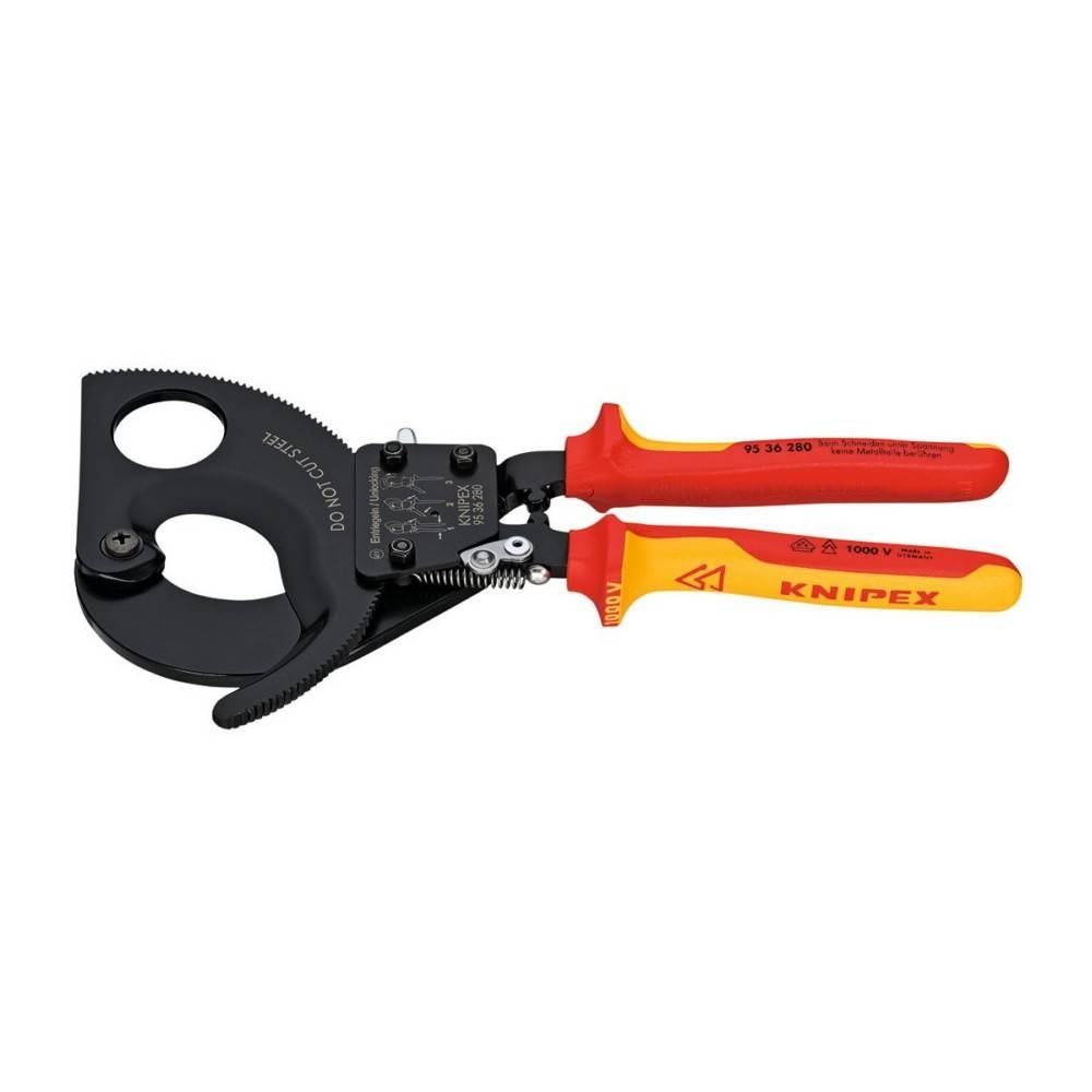 Kabelschneider mit rot und gelb isolierten Griffen, speziell zum Schneiden von Kupfer- und Aluminiumkabeln konzipiert, mit scharfer und langlebiger Klinge.