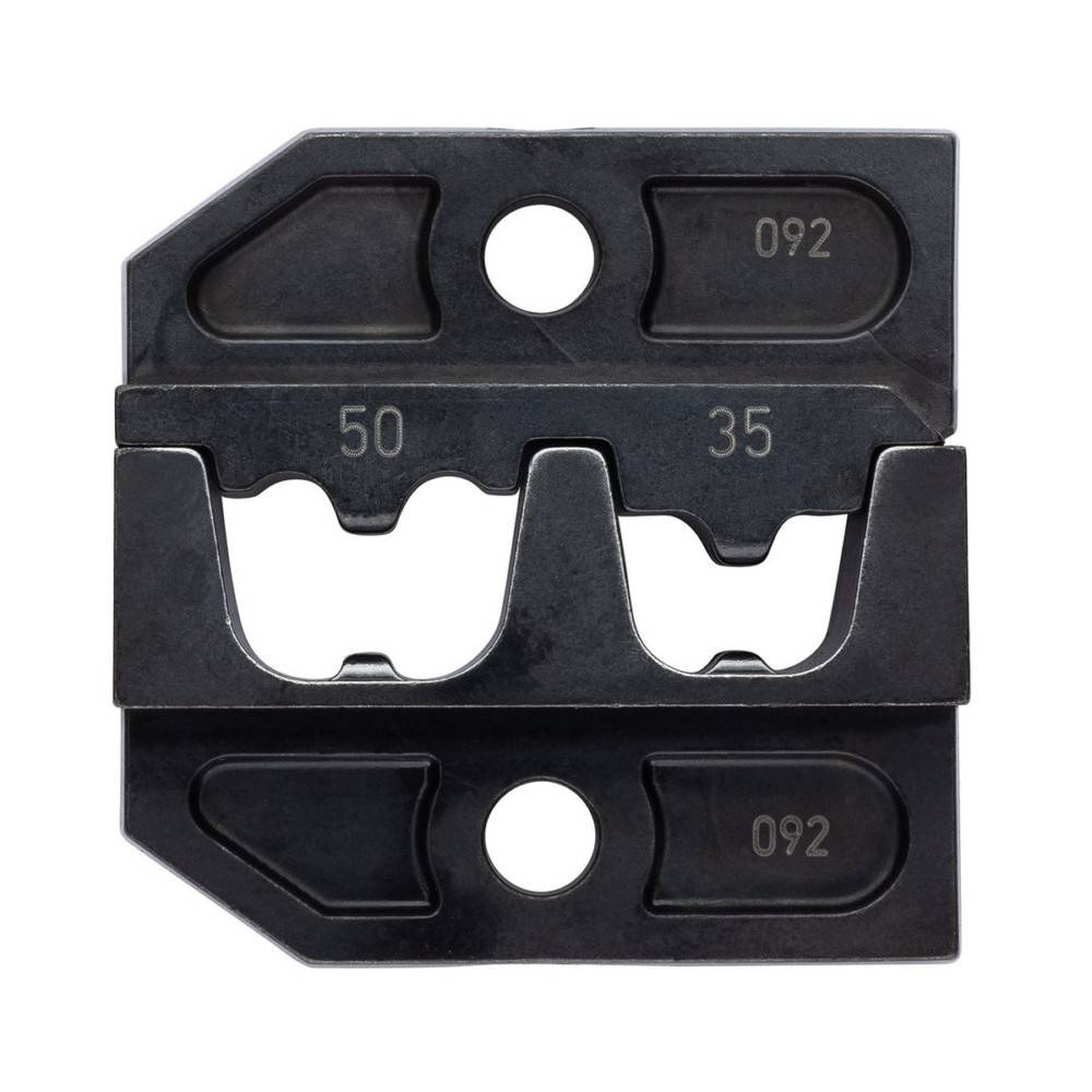 Eine Metallklemme mit zwei Löchern und eingravierte Nummern „50