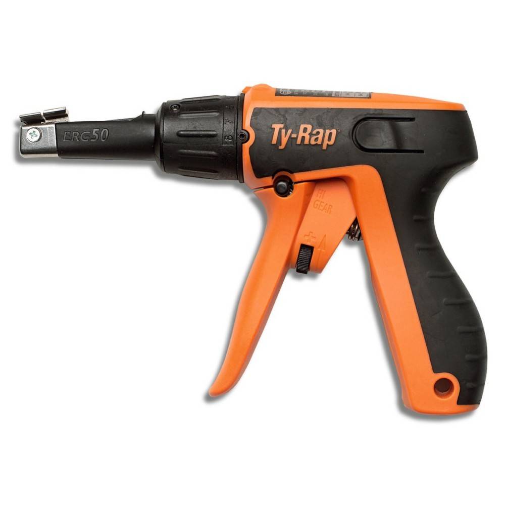 Ein orange-schwarzes tragbares Ty-Rap-Werkzeug zum Anziehen und Schneiden von Kabelbindern, mit ergonomischem Pistolengriff.