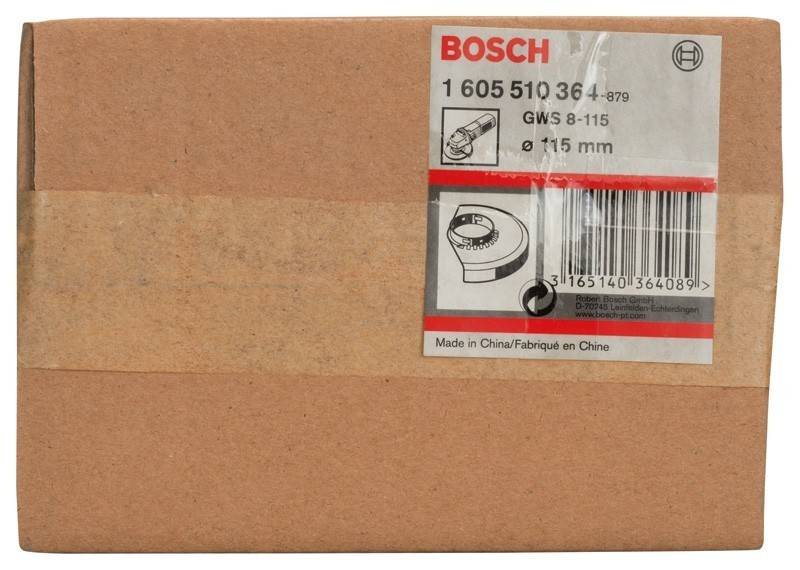 Eine Kartonbox mit einem Bosch-Etikett, das das Modell '1 605 510 364-879', 'GWS 8-115' und 'Ø 115 mm' zeigt. Zusätzlich ist 'Made in China' vermerkt.