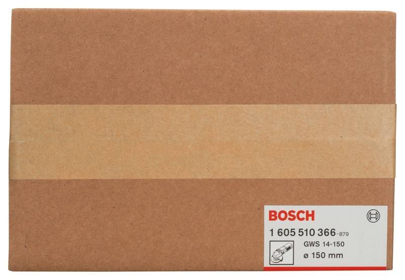 Eine braune Kartonschachtel mit einem beigen Streifen trägt ein Bosch-Markenetikett in einer Ecke mit dem Text '1 605 510 366-GWS 14-150 CI-Ø 150 mm'.