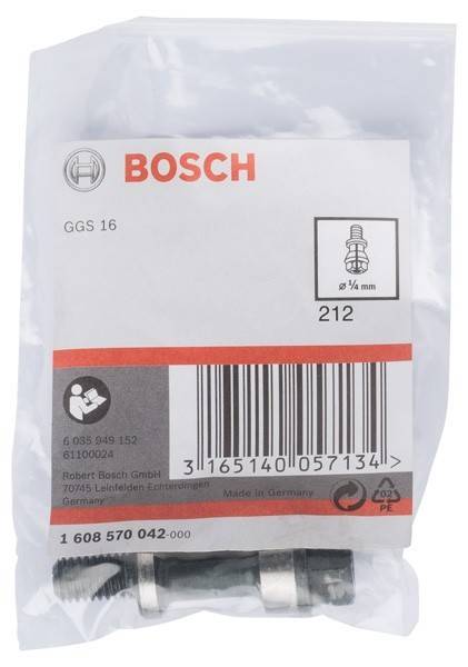 Verpackung eines Bosch GGS 16 Schleifwerkzeug-Zubehörs. Das Etikett zeigt einen Strichcode, eine Produktnummer und eine kleine Abbildung des Teils.