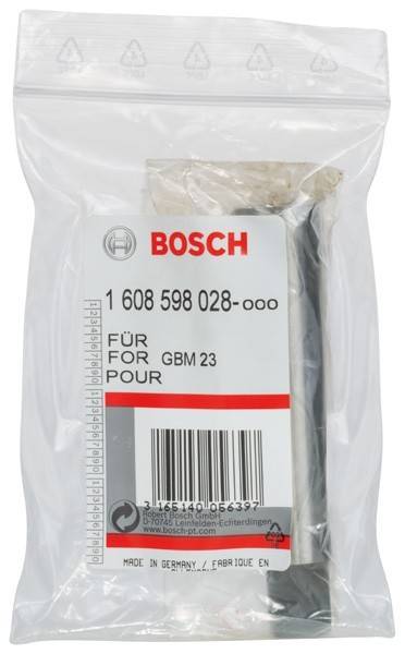Ein Bosch Elektrowerkzeug-Zubehörpaket, gekennzeichnet mit '1 608 598 028-000' und 'FÜR GBM 23', mit einem Barcode und Markenlogo.