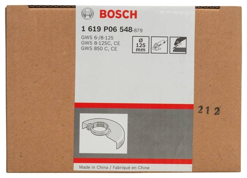 Bosch-Produktetikett für GWS-Modelle 6/8-125, 8-125C, 850 C mit Sicherheitsschutzabbildung, 125 mm Größe und Hinweis 
