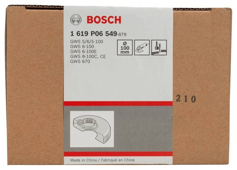 Eine braune Kartonschachtel mit einem Bosch-Etikett, das Produktcodes, Spezifikationen und eine Skizze eines Winkelschleifer-Schutzgitters zeigt. Hergestellt in China.